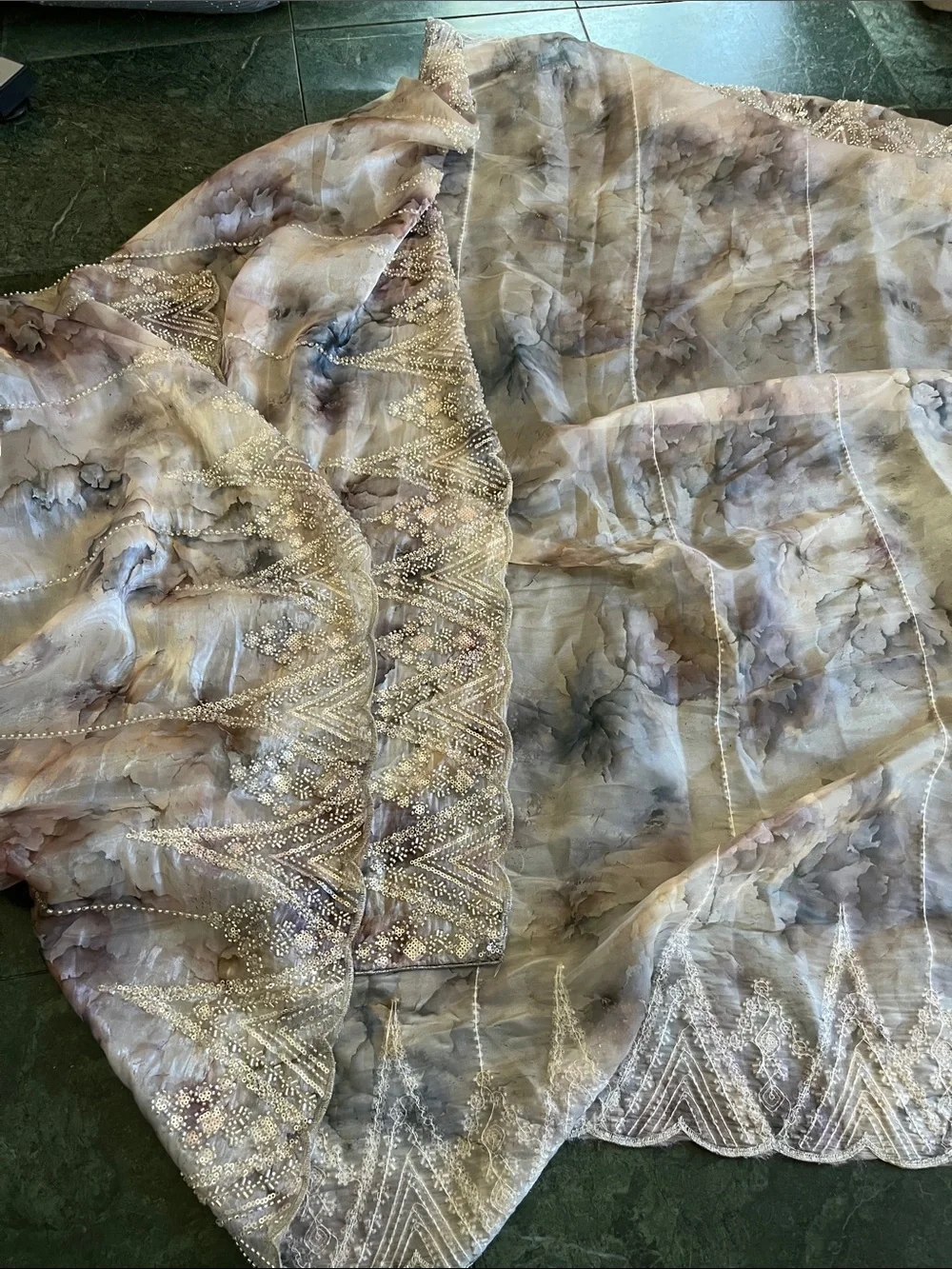 Unique Vintage Sheer Floral Scarf Wrap in Light Gray and Silver